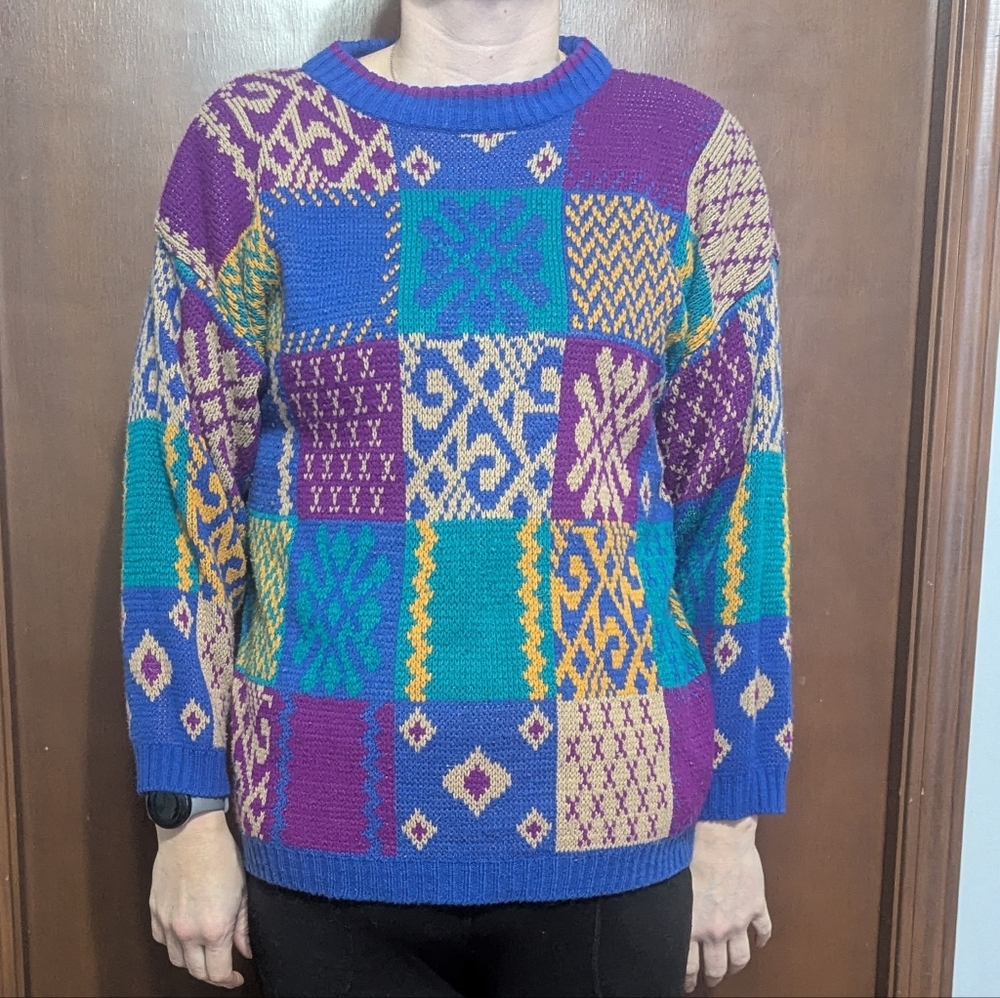 Vintage Worthington Patchwork Knit Sweater • Size S • Colorful Block Print